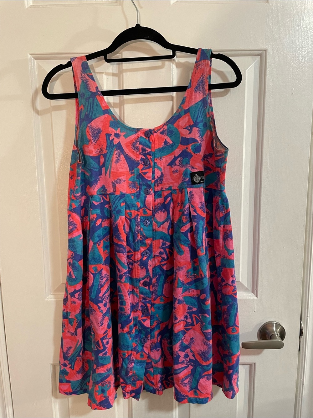Button-Front Pink, Purple and Teal Printed Mini Dress